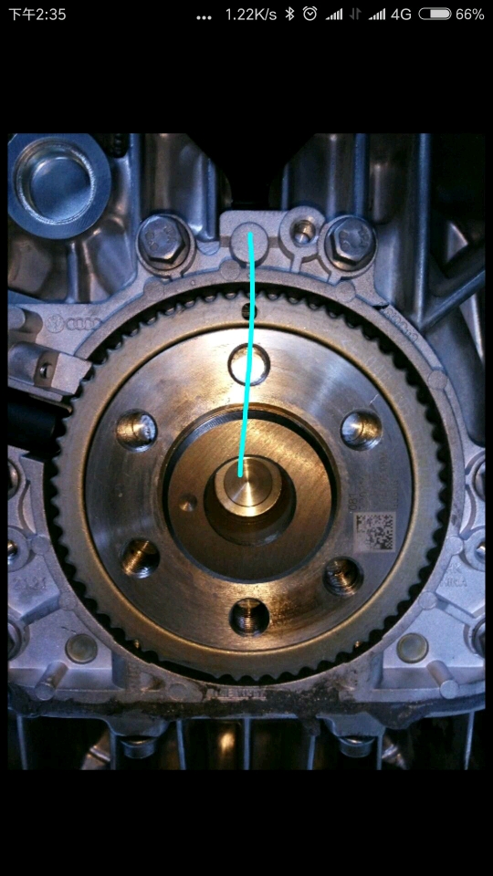 朗逸14tea111发动机曲轴后油封传感器信号盘正时点在那个位置求图